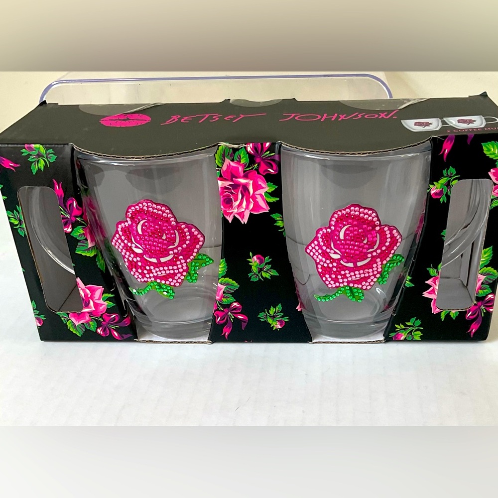 Betsey Johnson 2 Pink Rose Glass Coffee Mugs